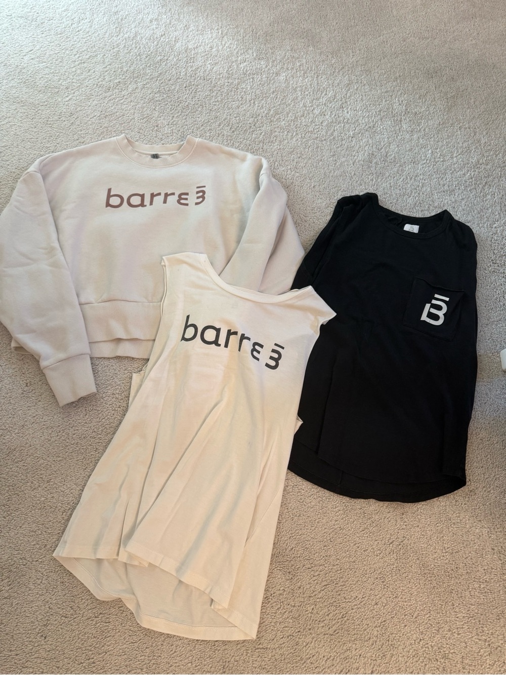Pure Barre Cream Sweatshirt, Cream Tank, and Black Tank Bundle